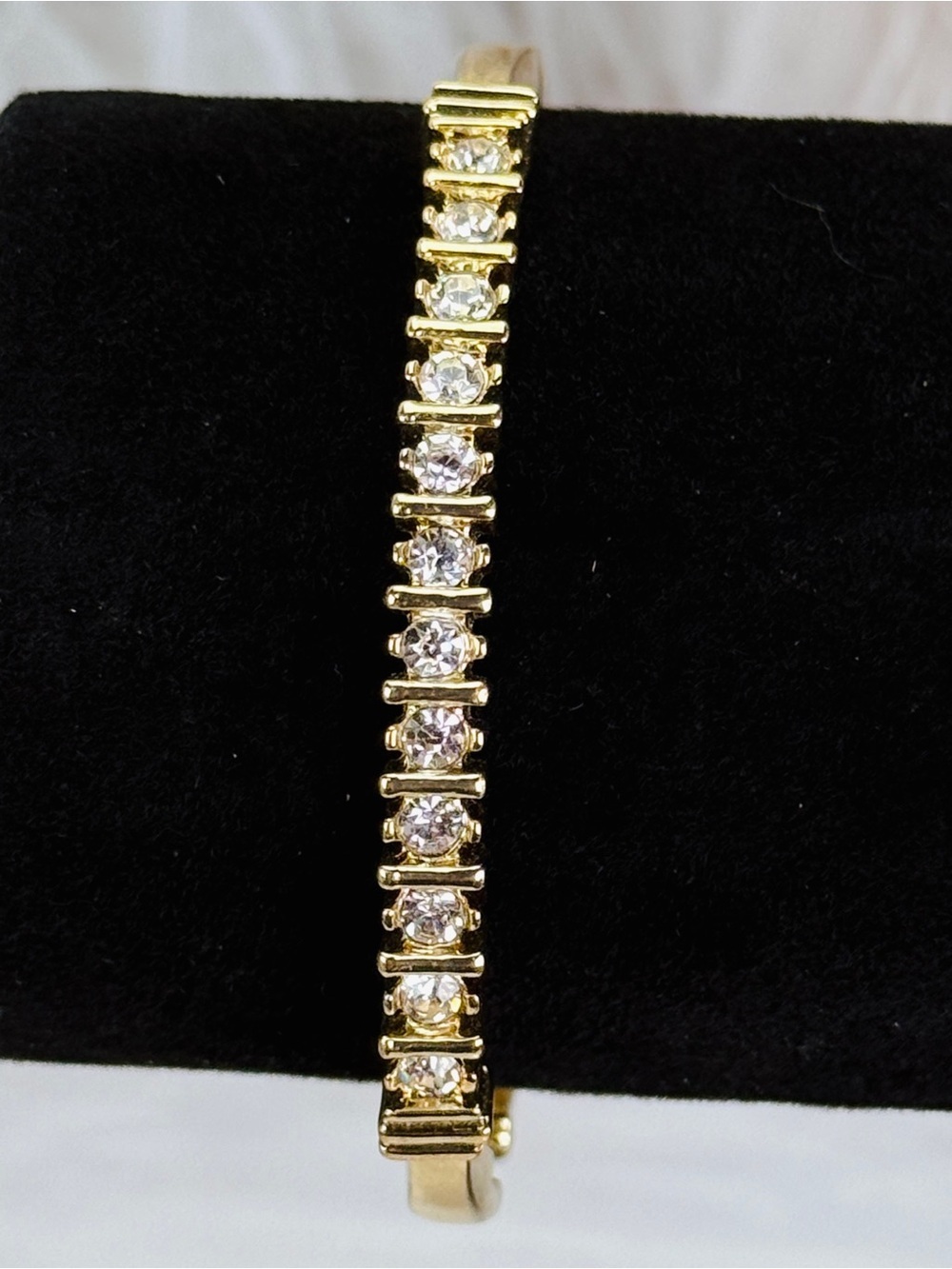 Gold Tone Hinged Bangle Bracelet Clear Faceted Stone Tennis Style